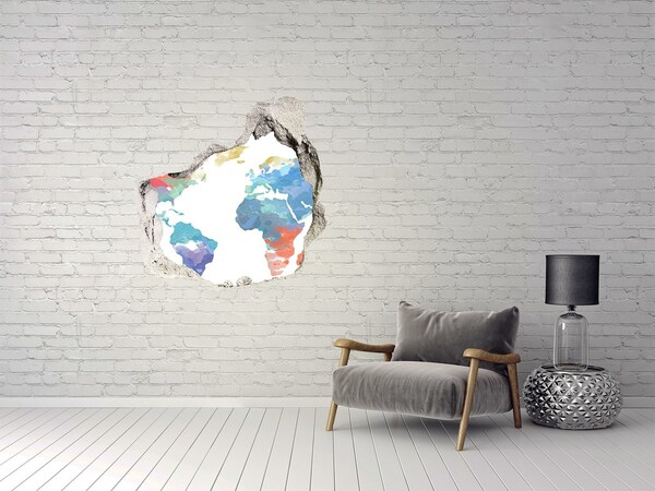 3D wall hole wallpaper World map in a hole in the wall