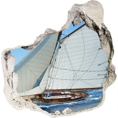 3D wall hole A yacht on the waves of the sea