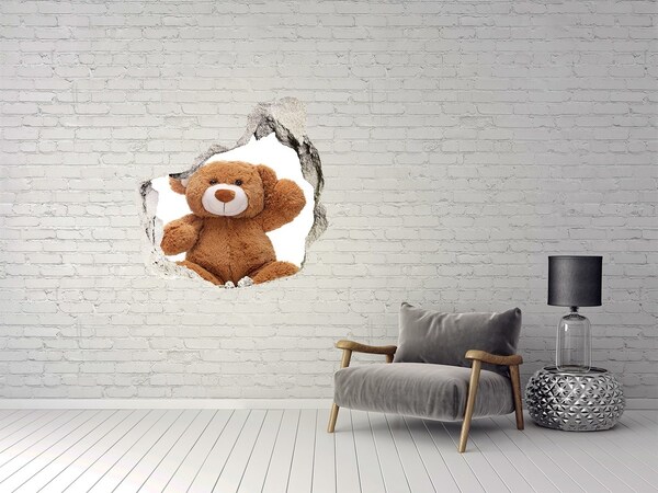 3D wall hole wallpaper Teddy bear in a hole in the wall