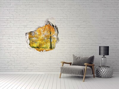 3D wall hole wallpaper Golden autumn in the forest