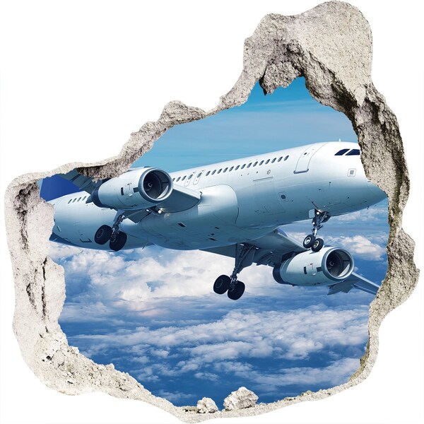 3D wall hole wallpaper Arrival of a plane in the clouds