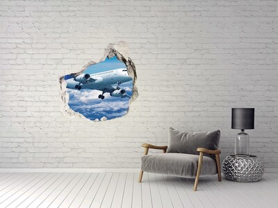 3D wall hole wallpaper Arrival of a plane in the clouds