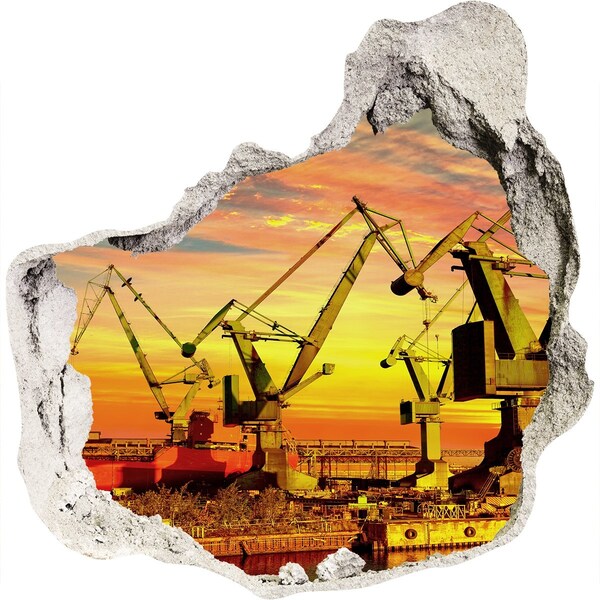 3D wall hole wallpaper Sunset over the port