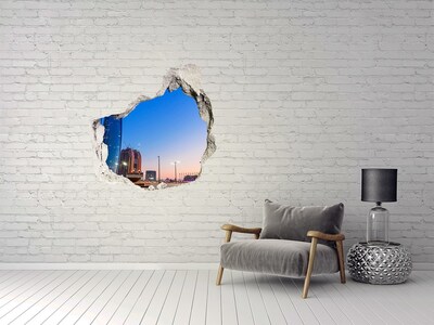 3D wall hole wallpaper Modern city at sunset