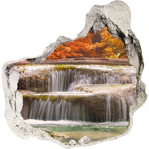 3D wall hole wallpaper Waterfall in autumn scenery