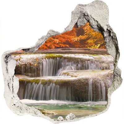 3D wall hole wallpaper Waterfall in autumn scenery