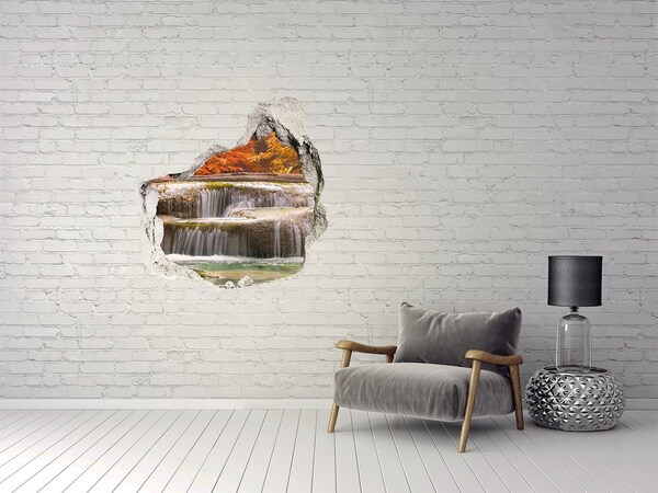 3D wall hole wallpaper Waterfall in autumn