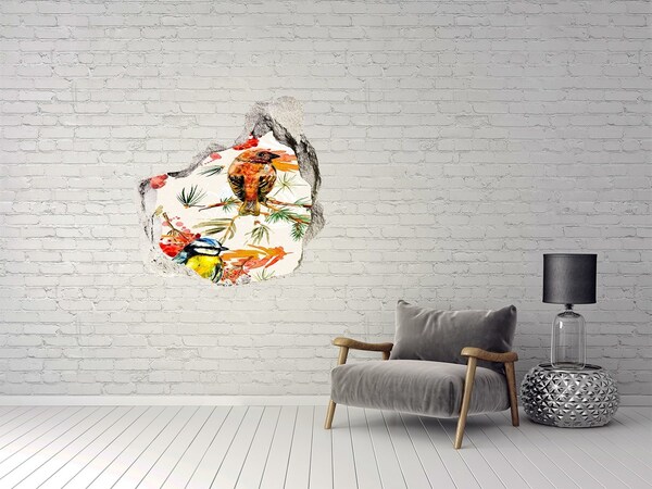 3D wall hole wallpaper Birds in a forest landscape