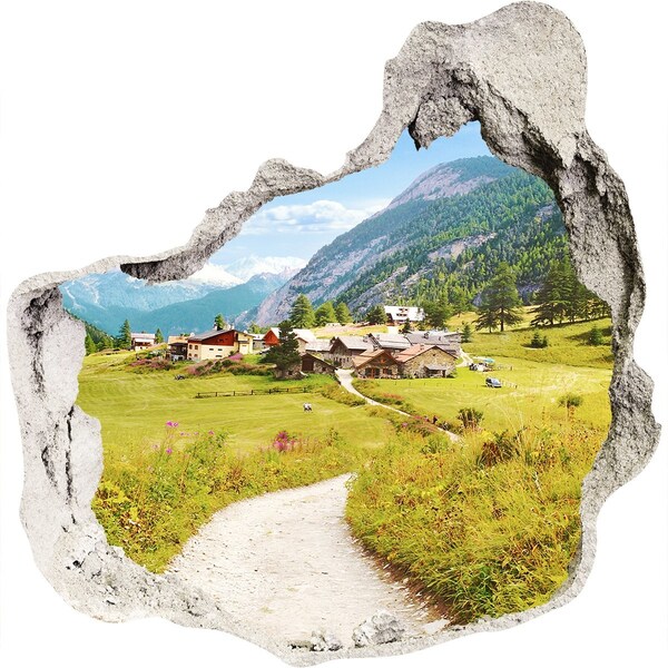 Hole wall sticker An Alpine village among the mountains