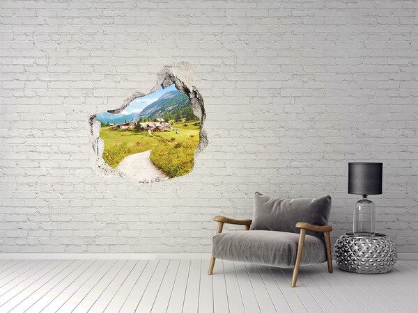 Hole wall sticker An Alpine village among the mountains