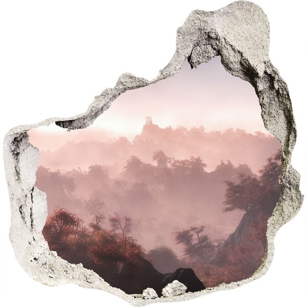 3D wall hole wallpaper Mountain landscape in the morning