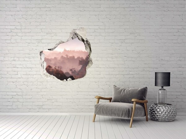 3D wall hole wallpaper Mountain landscape in the morning