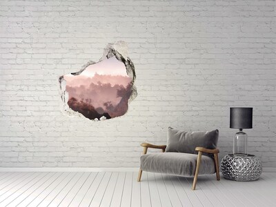 3D wall hole wallpaper Mountain landscape in the morning