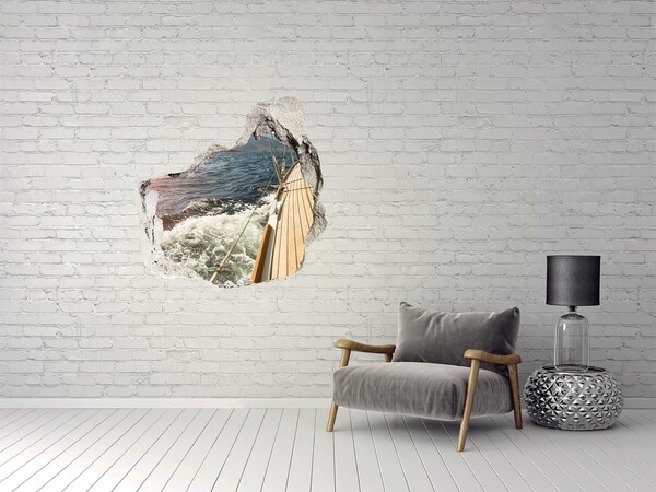 3D wall hole wallpaper Cruise on a stormy sea