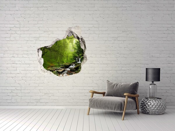 Hole wall sticker Green forest with a waterfall