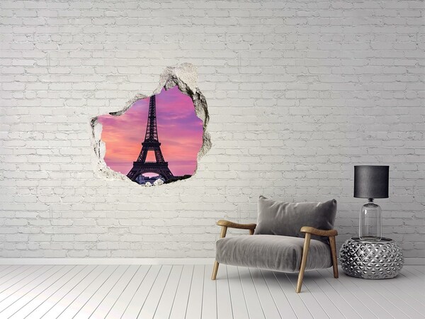 3D wall hole wallpaper The Eiffel Tower at sunset