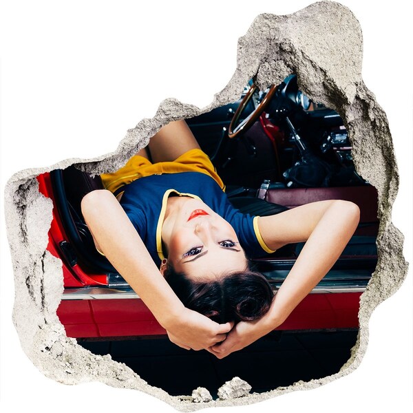 Hole in the wall decal Woman in a classic car