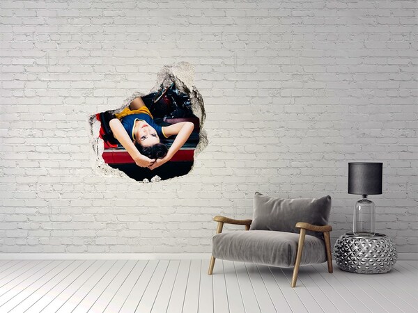 Hole in the wall decal Woman in a classic car