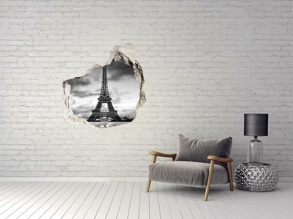 3D wall hole wallpaper The Eiffel Tower in a monochromatic style