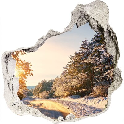 Hole in the wall sticker Road in the forest in winter