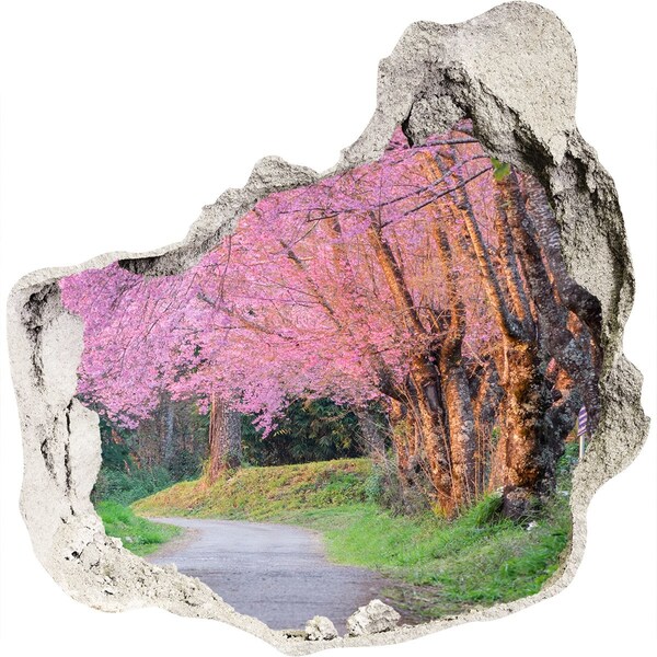 3D wall hole wallpaper A spring walk among the blooming trees