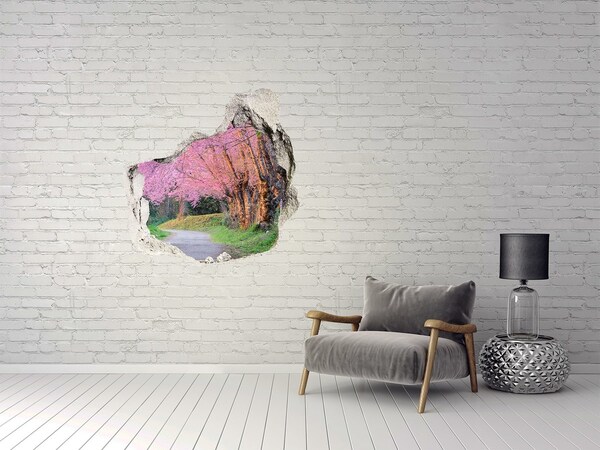 3D wall hole wallpaper A spring walk among the blooming trees