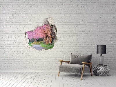 3D wall hole wallpaper A spring walk among the blooming trees