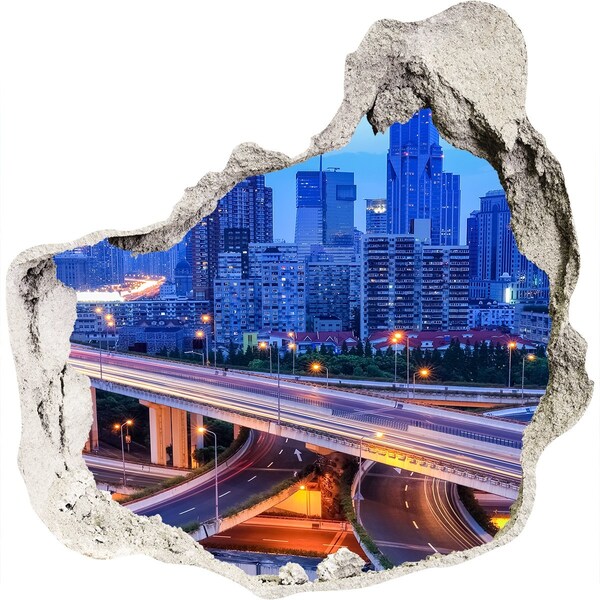 Hole wall sticker Modern city at night
