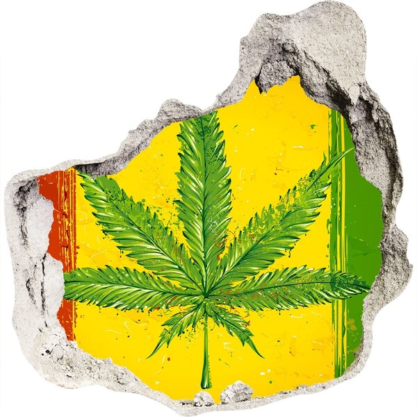 Hole wall sticker Green cannabis leaf on a yellow-red-green background