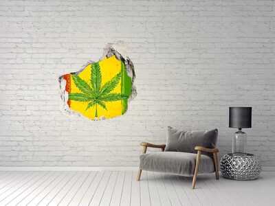 Hole wall sticker Green cannabis leaf on a yellow-red-green background