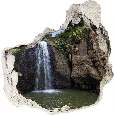 3D wall hole wallpaper Waterfall among the rocks