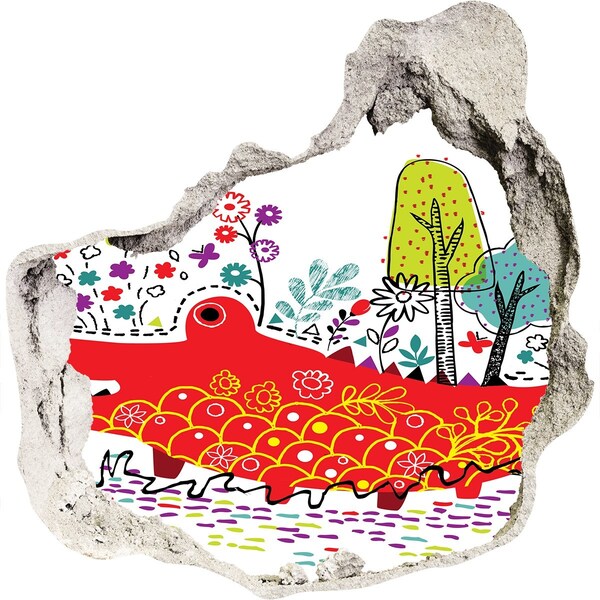 3D wall hole wallpaper Crocodile in a colorful landscape