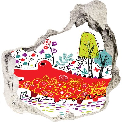 3D wall hole wallpaper Crocodile in a colorful landscape