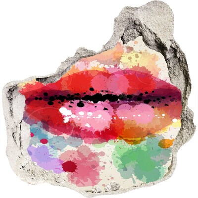 3D wall hole wallpaper Colorful lips against a concrete background