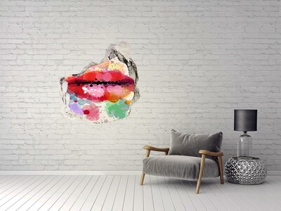 3D wall hole wallpaper Colorful lips against a concrete background