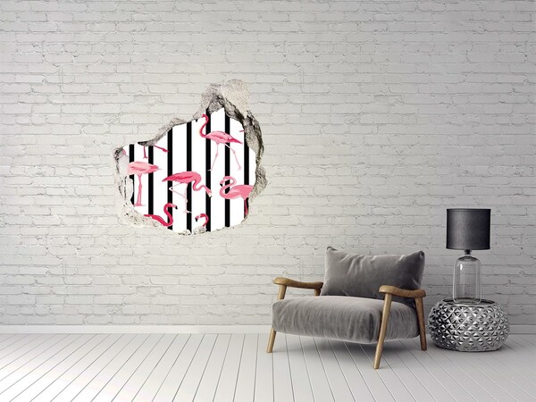 3D wall hole wallpaper Flamingos on a striped background