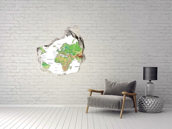 3D wall hole wallpaper World map through a hole in the wall