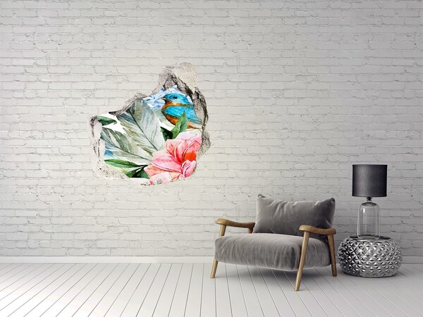 3D wall hole wallpaper Tropical paradise with a bird