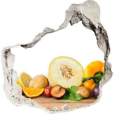 3D wall hole wallpaper Fruit and Vegetables in a Hole in the Wall
