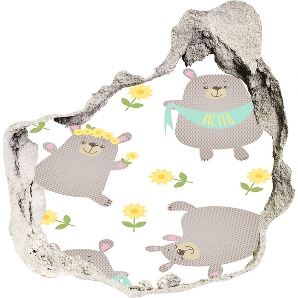 3D wall hole Smiling teddy bears in a floral setting