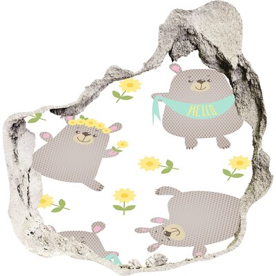3D wall hole Smiling teddy bears in a floral setting