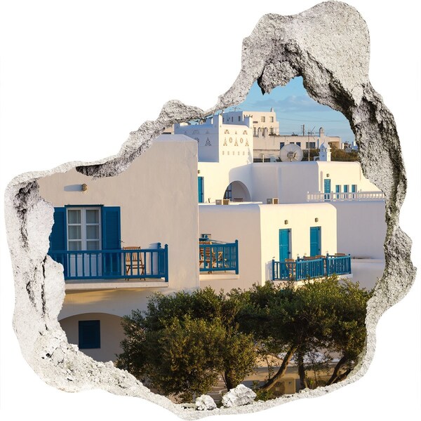 Hole in the wall decal View of white houses with blue windows