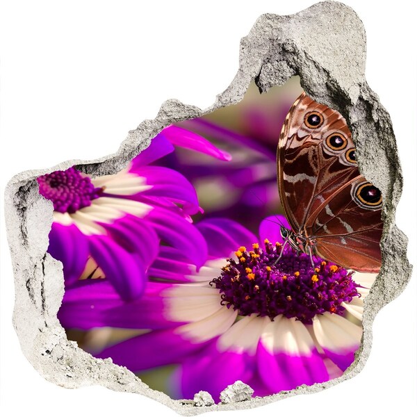 Hole wall sticker Butterfly on flowers in a hole in the wall