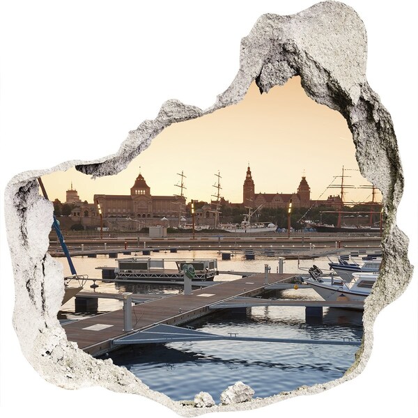 3D wall hole wallpaper The port in the setting sun