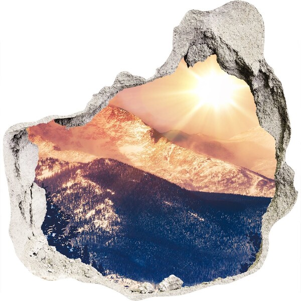 3D wall hole wallpaper Mountain landscape at sunrise