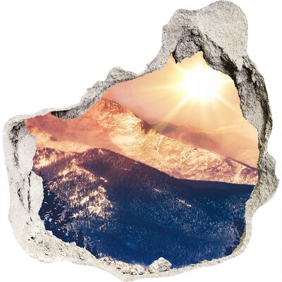 3D wall hole wallpaper Mountain landscape at sunrise