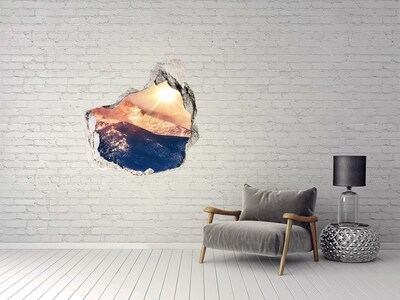 3D wall hole wallpaper Mountain landscape at sunrise