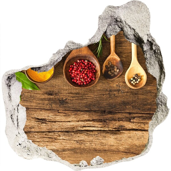 3D wall hole wallpaper Kitchen spices on a wooden countertop