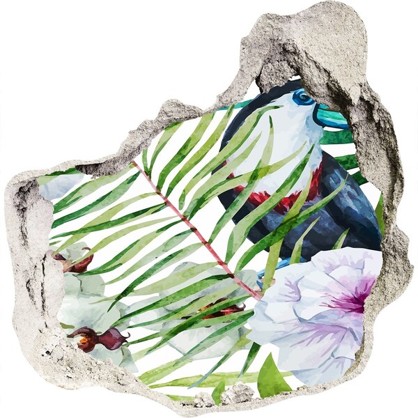 3D wall hole wallpaper Tropical oasis with a bird