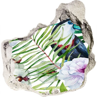 3D wall hole wallpaper Tropical oasis with a bird